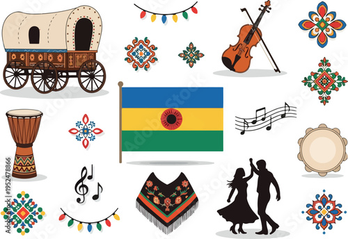 Diverse cultural elements including a caravan, musical instruments, traditional patterns, and dancing figures, celebrating heritage and festivities
