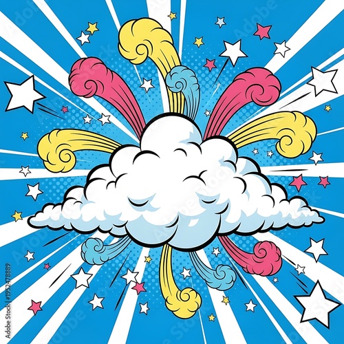 A cartoon cloud with colorful clouds and stars