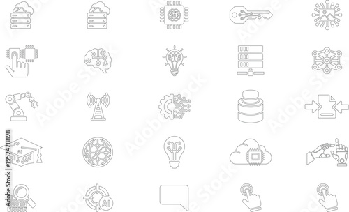 Collection of Outline Icons Representing Technology and Artificial Intelligence technology, icon, data, network, brain, computer, robot, machine, learning