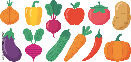 Flat vector set of organic vegetable and fruit icons including onion pepper beet apple tomato potato eggplant carrot chili and pumpkin isolated on white background for food graphic design.