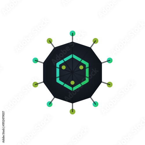 Geometric molecule structure with green and yellow accents