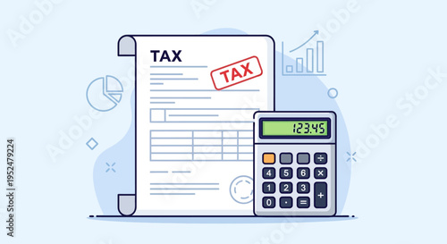 Tax form with calculator and financial data for accounting concept