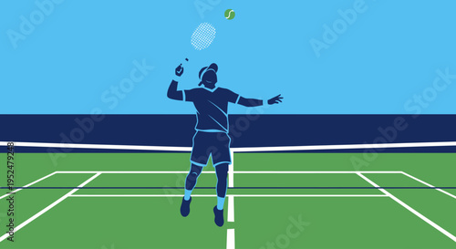 Tennis player serving overhead on green court silhouette.