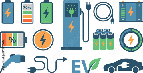 Electric Vehicle Charging and Battery Energy Icons Set with EV Station, Power Levels and Charging Cable Symbols