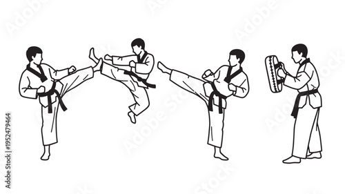 martial arts training with kicking drills on white background for education and health concepts