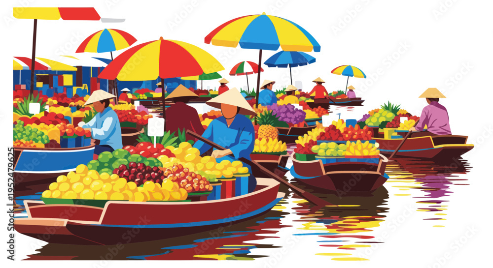 Obraz premium Vibrant Floating Market Scene with Boats Laden with Fresh Fruits and Vegetables