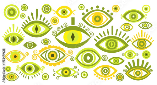Abstract Eyes Pattern - Green and Yellow Geometric Shapes