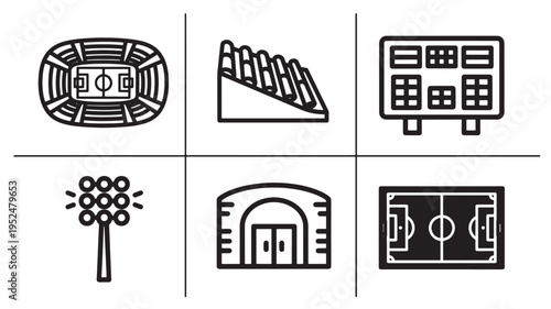 Modern Sports Infrastructure Icon Set Featuring Stadium Arena Grandstand Seating Ticket Office Entrance Gate Floodlight Tower and Soccer Field Layout in Clean Minimal Black Line Art Style