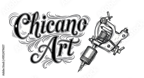 Chicano Art Tattoo Machine Illustration - Black and White Hand Drawn Style