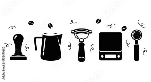 Collection of five black and white professional barista tools including tamper pitcher scale and portafilter