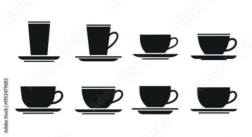 Set of eight black silhouette coffee and tea cups with saucers in various modern and classic shapes