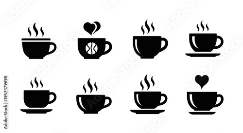 Various coffee cup icons with steam and heart symbols featuring black silhouettes of different mug shapes for cafe menu and branding elements isolated on white