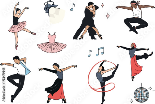 Collection of diverse dancers in various poses and styles, including ballet, ballroom, and modern dance, with musical notes and disco ball elements