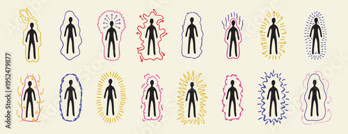 Set of human silhouettes with colorful auras in various line styles, esoteric mystical design, hand drawn