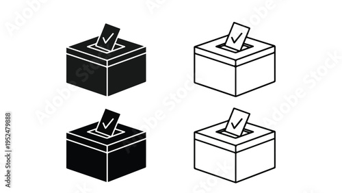 Four black and white ballot boxes with inserted ballots on a plain white background in a graphic illustration.