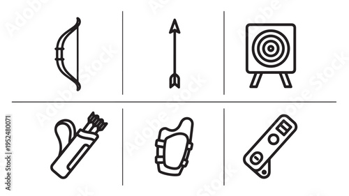 Essential Archery Gear Icon Set: Minimalist Line Art Featuring a Recurve Bow, Target Arrow, Bullseye Stand, Arrow Quiver, Arm Guard, and Mechanical Release Aid for Sports and Recreational Bow Hunting