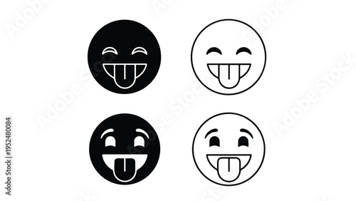 Four emoticon faces with playful expressions on a plain white background in black and white.
