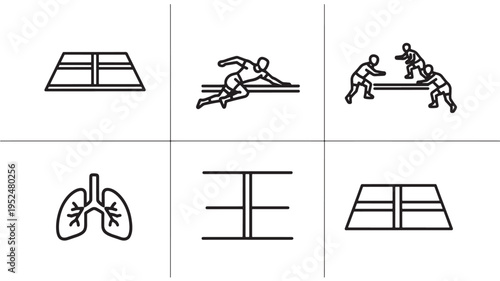 Minimal sports and athletics icon set featuring tennis court, hurdling race, wrestling match, lung health, gymnastics bars and table tennis court in clean line art style, modern fitness