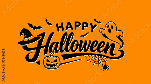 Happy Halloween greeting card on orange background with ghost, pumpkin, witch hat and spider web