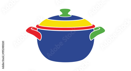 Colorful illustration of a cooking pot with handles and a lid