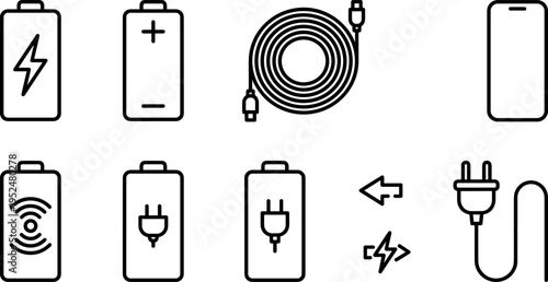 Battery Charging and Power Icons Set with Cable, Plug, Wireless Charge and Mobile Energy Symbols