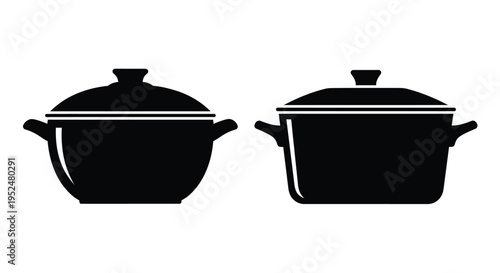 Two black silhouettes of cooking pots with handles and lids shown