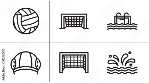 Minimal sports icon set featuring volleyball, soccer goal, swimming pool lanes, helmet gear, handball goal and water splash symbols in clean line art style, modern athletic activity concept
