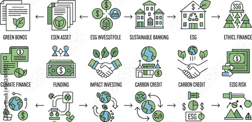 ESG investing and sustainable finance icons set featuring green bonds, ethical banking, carbon credits, impact investing and climate finance vector illustration