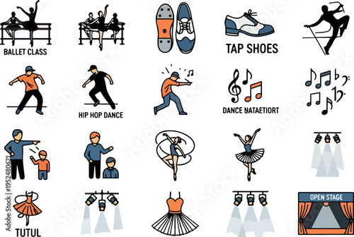 Collection of dance icons representing various dance styles and related elements