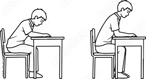 Two boys sit at desks, one hunched, the other upright