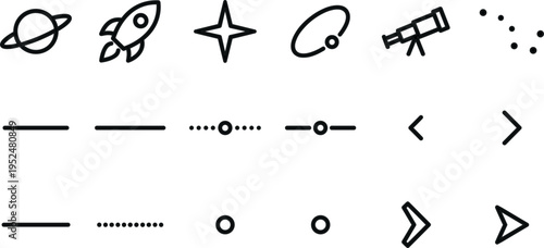 Space UI Elements Line Icons Set with Rocket, Planet, Telescope, Arrows and Navigation Controls