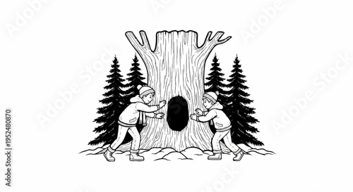 Two children explore a hollow tree trunk in a snowy forest