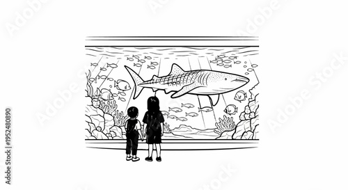 Two children observe a whale shark and other fish in a large aquarium