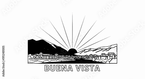 Sunrise over a town nestled between mountains and a river, below stylized sun rays