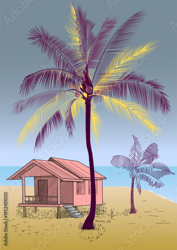 Vector tropical landscape. Large palm trees and a small house near the ocean. Idyllic image.
Adobe Illustrator Artwork