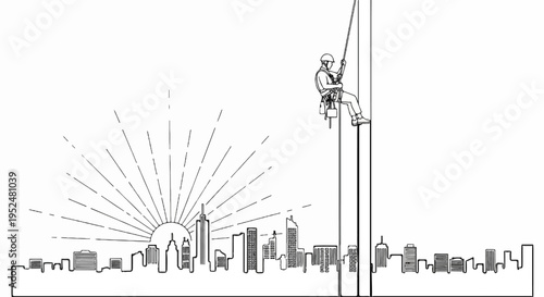 Sunrise over city skyline with person rappelling down a tall pole