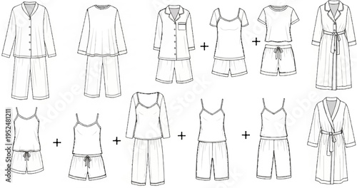 Technical drawings of various pajama sets and robes