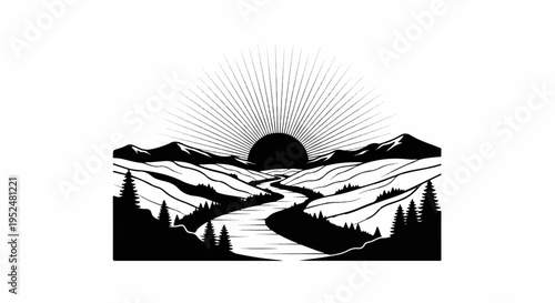 Stylized sunburst over a winding river in a mountainous valley