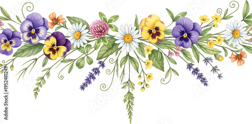 Vibrant Watercolor Floral Border with Pansies, Daisies, Clover, and Lavender on White