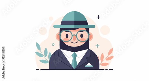 Stylized person with hat, glasses, suit, and tie
