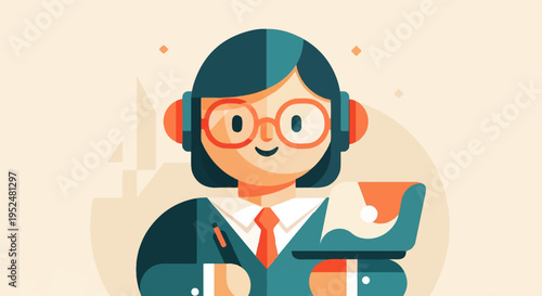 Stylized person with headphones and glasses holds tablet, wears tie