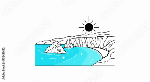 Sunny coastal scene with rocky outcrops and turquoise ocean