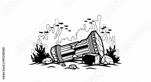 Sunken ancient column with coral and fish