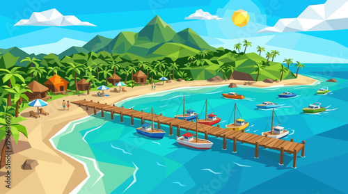 A vibrant low-poly vector illustration of an idyllic tropical island paradise with a wooden pier, colorful boats, and lush green mountains on a sunny day.