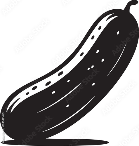 Bold black and white vector graphic illustration depicting a single whole green cucumber vegetable rendered with simple clean outline design elements