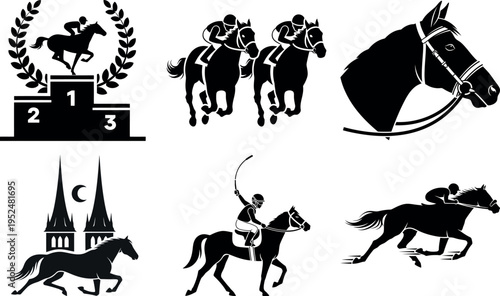 Collection of elegant equestrian and horse racing icons isolated on transparent background