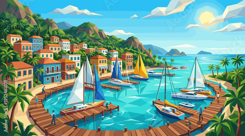 A vibrant, stylized illustration of a sunny seaside village harbor with colorful buildings, lush mountains, and sailboats docked in clear turquoise water.
