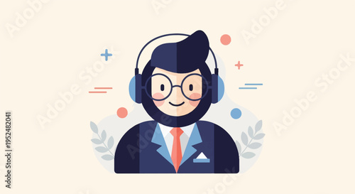 Stylized male figure wearing headphones, glasses, and business attire