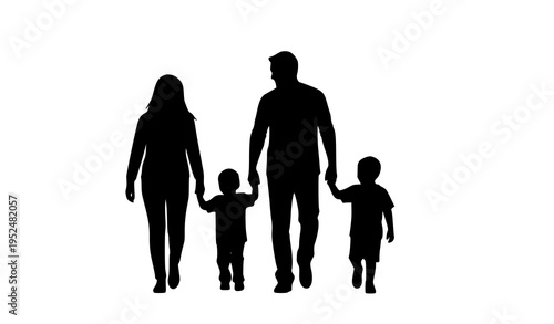 Family of Four Walking Silhouette Vector Illustration Representing Love, Unity, and Togetherness