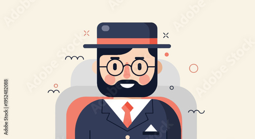 Stylized man in a hat, suit, and tie, with geometric background elements
